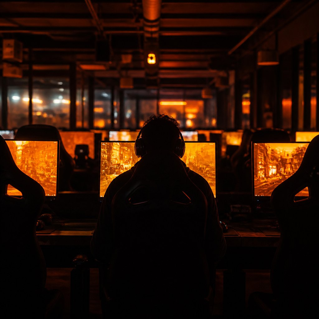 A lone player against the glow.